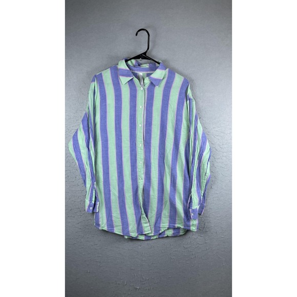 Fabletics Tops - Fabletics Shirt Womens Small Green Purple Stripe Button Front Long Sleeve Top